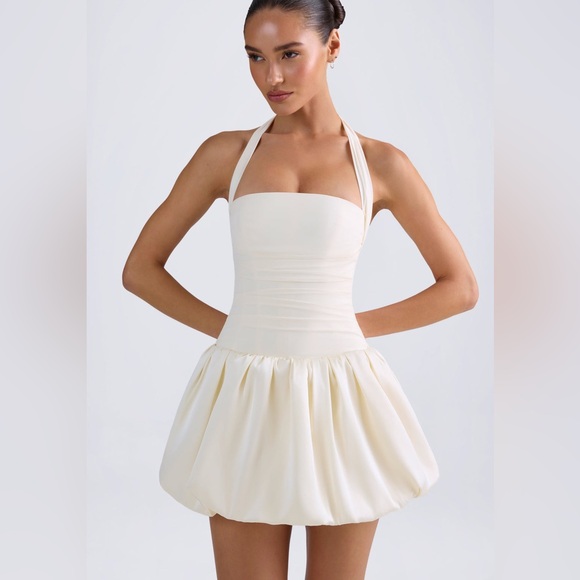 Oh Polly LudmilaHalterneck Lace-Up Bubble Hem Corset Micro Mini Dress in Ivory